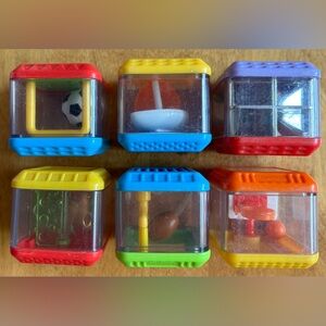 6 Vintage Fisher Price Peek-A-Boo Blocks. 4 Sports, 2 Abstract Blocks. Set #6.